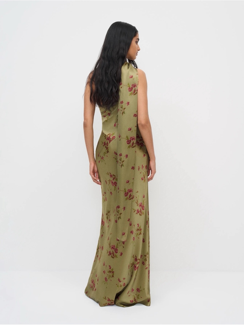 Reformation Jazzlyn Silk Dress Olive One-Shoulder Gown with Red Floral Print. - Picture 3 of 5